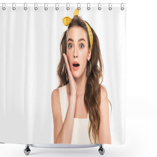 Personality  Young Shocked Housewife In Dress And Headband Looking At Camera Isolated On White Shower Curtains
