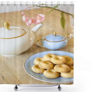 Personality  A Plate Of Biscuits, A Tea Pot And A Flower On Wooden Table Shower Curtains