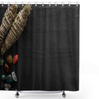 Personality  Top View Of Shamanic Smudge Sticks With Fortune Telling Stones On Black Wooden Surface Shower Curtains