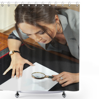 Personality  Woman Looks On Document Shower Curtains