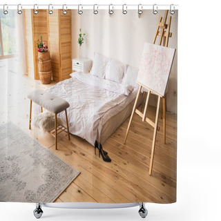 Personality  Bedroom With White Blanket And Pillows, Easel, Bedside Bench, Carpet, Room Devider And Black Heels On Wooden Floor Shower Curtains