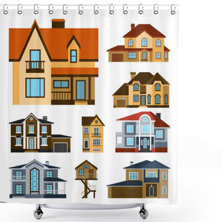 Personality  Houses Front View Vector Illustration Building Architecture Home Construction Estate Residential Property Roof Set Apartment Housing Cottage Shower Curtains