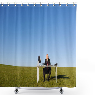 Personality  Businessman Sitting At Desk On Field Against Sky Shower Curtains