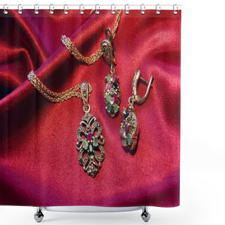 Personality  Silver Earrings And Suspension Bracket On A Chain, Macro Shower Curtains