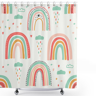 Personality  Cute Scandinavian Childish Seamless Pattern With Trendy Hand Drawn Rainbows Shower Curtains