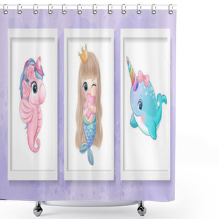 Personality  Cute Little Sea Horse, Mermaid And Narwhal Illustration Shower Curtains