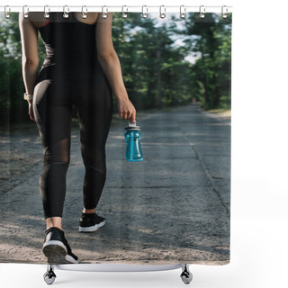 Personality  Back Cropped View Of Sportswoman With Bottle Of Water Walking On Path Shower Curtains
