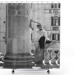 Personality  Stylish Woman Wearing Masculine Outfit Posing On A Street Of The Venice City Shower Curtains