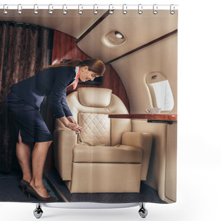 Personality  Flight Attendant In Uniform Holding Seat Belt In Private Plane  Shower Curtains
