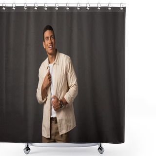 Personality  Smiling Handsome Mixed Race Man In Beige Shirt Looking Away On Black Background Shower Curtains