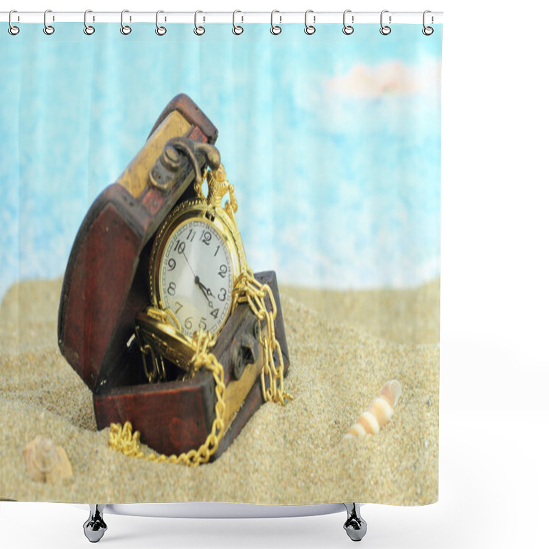 Personality  Antique pocket clock in a treasure chest on a beach shower curtains