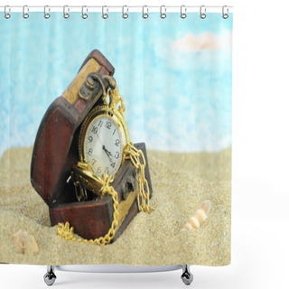 Personality  Antique Pocket Clock In A Treasure Chest On A Beach Shower Curtains