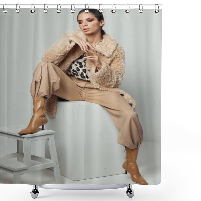 Personality  brunette with bright makeup on her face fashionable clothes shower curtains