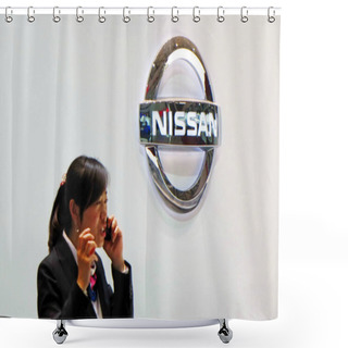 Personality   Chinese Employee Talks On Her Mobile Phone At The Stand Of Nissan During The 14th Shanghai International Automobile Industry Exhibition, Known As Auto Shanghai 2011, In Shanghai, China, 27 April 2011 Shower Curtains