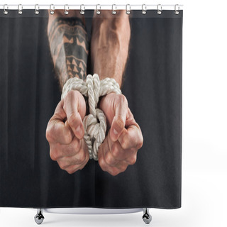 Personality  Cropped View Of Male Hands Bound With Rope Isolated On Black Shower Curtains