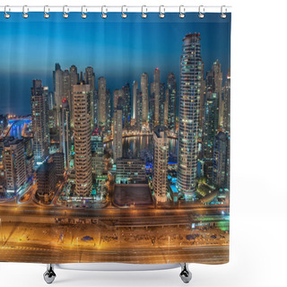 Personality  Dubai Marina At Night. Tallest Buildings Of Marina At Blue Hour Taken From A Rooftop. City Of Lights. Dubai, United Arab Emirates Shower Curtains