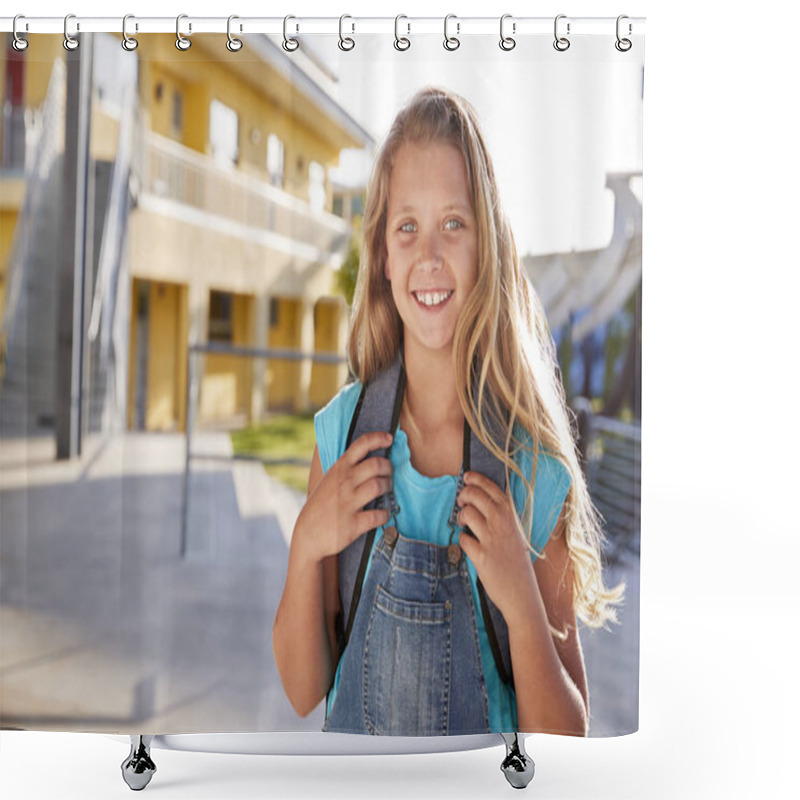 Personality  Portrait Of Smiling Elementary School Girl With Backpack Shower Curtains