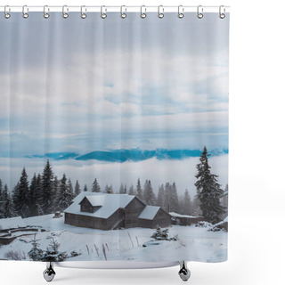 Personality  Scenic View Of Snowy Mountain Village With Pine Trees And Wooden Houses Shower Curtains