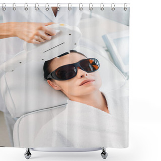 Personality  Woman In Protective Eyeglasses Getting Laser Hair Removal Made By Cosmetologist In Spa Salon Shower Curtains