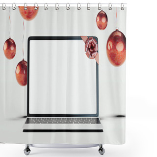 Personality  Black Realistic Laptop And Christmas Balls On Light Background. 3d Rendering. Shower Curtains