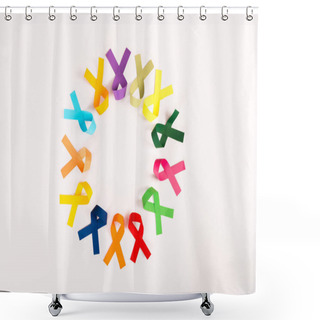 Personality  Top View Of Colorful Ribbons Arranged In Circle Isolated On White, World Cancer Day Concept  Shower Curtains
