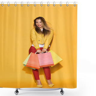 Personality  Smiling Asian Woman With Shopping Bags On Yellow Background  Shower Curtains