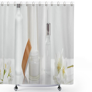 Personality  Panoramic Shot Of Cream In Tubes, Jar And Cosmetic Glass Bottles With Jasmine On White Surface Shower Curtains