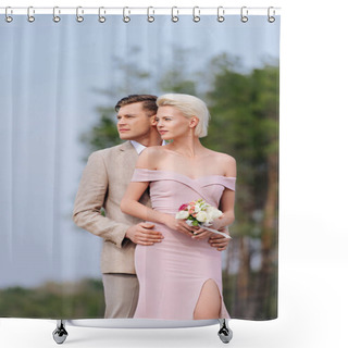 Personality  Stylish Couple With Wedding Bouquet Embracing And Looking Away Shower Curtains