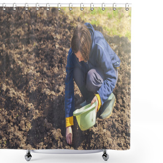 Personality  Woman Seeding Onions In Organic Vegetable Garden Shower Curtains