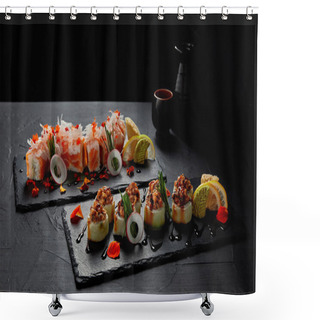 Personality  Close-up View Of Delicious Fresh Traditional Sushi Rolls On Slate Boards Shower Curtains