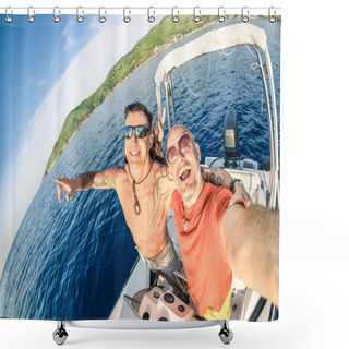 Personality  Adventurous Best Friends Taking Selfie At Giglio Island On Luxury Speedboat - Adventure Travel Lifestyle Enjoying Happy Fun Moment - Trip Together Around The World Beauties - Fisheye Lens Distortion Shower Curtains