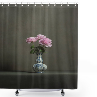 Personality  Pink Peonies In A Delft Blue Vase On A Table In A Grey Room. Shower Curtains