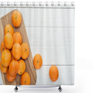 Personality  Top View Of Whole Ripe Tangerines Scattered On Wooden Chopping Board  Shower Curtains
