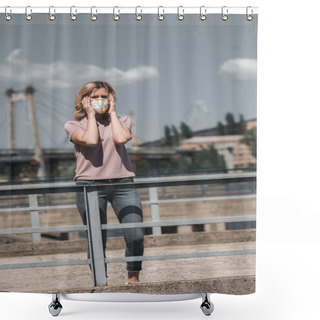 Personality  Woman In Protective Mask Standing On Bridge And Touching Head, Air Pollution Concept Shower Curtains