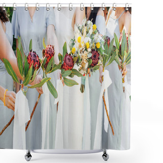Personality  Bridesmaids In Blue Dresses And Bride Holding Beautiful Bouquets Of Protea Flowers. Beautiful Luxury Wedding Blog Concept. Summer Wedding. Shower Curtains