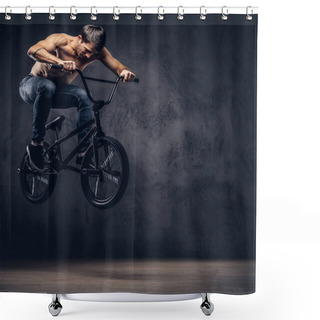 Personality  Strong Shirtless Man, Makes An Acrobatic Figure With BMX In A Studio. Isolated On A Dark Background. Shower Curtains