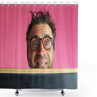 Personality  Nerd Man Crazy Behind Blackboard Funny Gesture Shower Curtains
