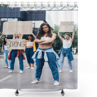 Personality  Full Length View Of Serious Feminist Standing With Arms Closed Near Women Holding Placards With Feminist Slogans On Street Shower Curtains