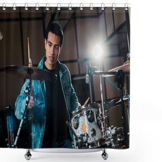 Personality  Handsome Mixed Race Musician Playing Drums In Dark Recording Studio Shower Curtains