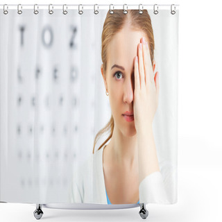 Personality  Eyesight Check. Woman  At Doctor Ophthalmologist Optician Shower Curtains
