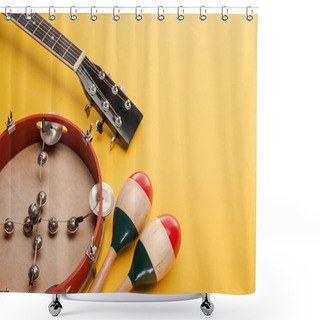 Personality  Tambourine Near Colorful Wooden Maracas And Acoustic Guitar On Yellow Background Shower Curtains