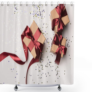 Personality  Top View Of Arranged Gifts With Red Ribbons And Confetti Isolated On White Shower Curtains