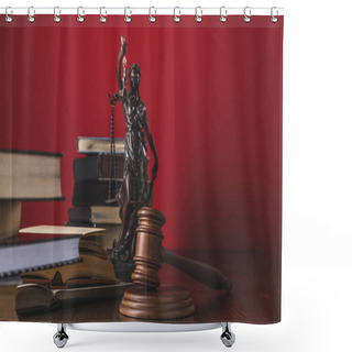 Personality  Opened Juridical Books With Lady Justice Statue And Gavel On Wooden Table, Law Concept Shower Curtains