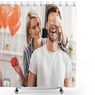 Personality  Selective Focus Of Attractive Girlfriend Hugging And Giving Gift To Handsome Boyfriend On Valentines Day Shower Curtains