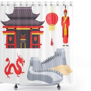 Personality  Asian Or Chinese Building Or Temple In Traditional Style And Fabulous Mythical Red Dragon Isolated Shower Curtains