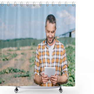 Personality  Handsome Smiling Farmer Using Digital Tablet While Standing On Field Shower Curtains