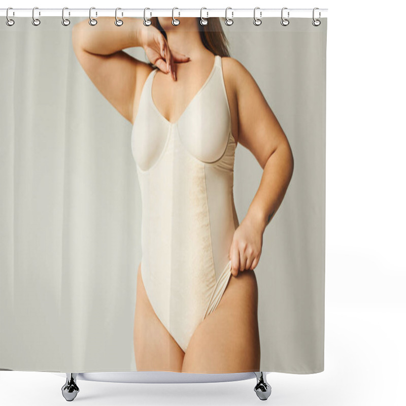 Personality  Partial View Of Brunette Plus Size Woman In Beige Bodysuit Posing While Standing In Studio On Grey Background, Body Positive, Figure Type, Self-esteem, Tattoo Translation: Harmony Shower Curtains