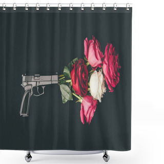 Personality  Gun Shooting With Bouquet Of Rose Flowers Isolated On Black Shower Curtains