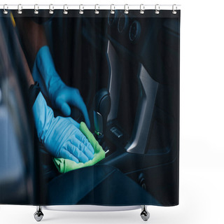 Personality  Cropped View Of Car Dealer Wiping Gear Shifter With Rag Shower Curtains