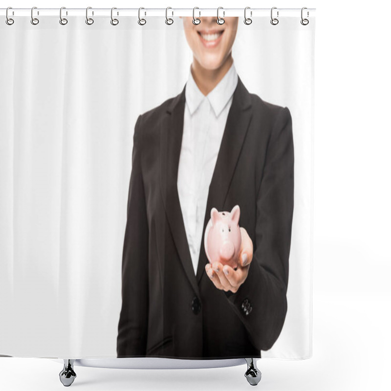 Personality  Cropped Shot Of Smiling Businesswoman Holding Piggy Bank Isolated On White Shower Curtains